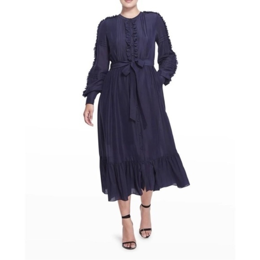 Marchesa Notte Long-sleeve Belted Voile Ruffle Dress In Navy